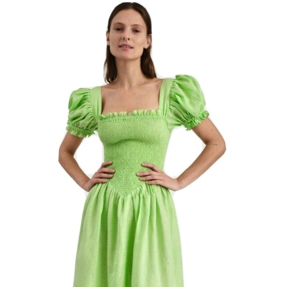 Sleeper Belle Linen Smocked Puff Sleeve Midi Dress Size XL - Picture 1 of 3